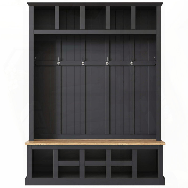 Farmhouse Hall Tree with 13 Compartments and Wide Bench (Black), Black