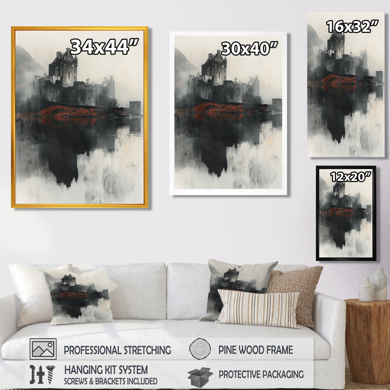Décoration murale monochromes gris Medival England Castle - Châteaux, H 20 po x l 12 po x P 1 po, Toile encadrée noire simple