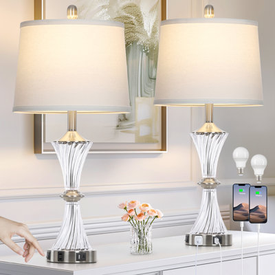 28" Modern Glass USB Table Lamp Set Built-In Outlet, Bulb Included