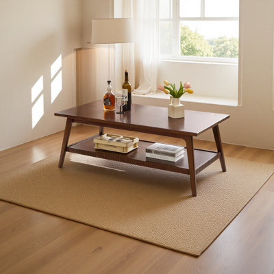 Solid Rubber Wood Coffee Table, Mid Century Modern Two-Tone Rectangular Wooden Cocktail Table with Lower Storage Shelf, Tabletop & Frame Center Table