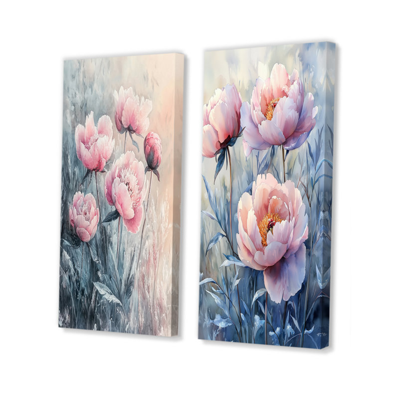 Frosty champ pivoines élégance I - Art mural floral, collection 2 panneaux, H 28 po x l 25 po, Toile tendue