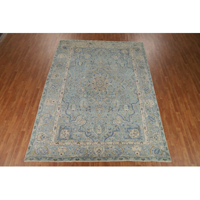 Handmade Blue Floral  Traditional Area Rug 8x11