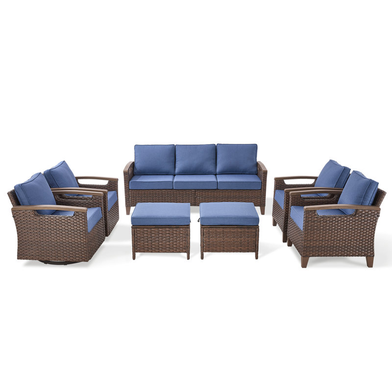 Arundel 7 Person Outdoor Courtyard Wicker Family Conversation Set Group With Swivel Chairs, Blue