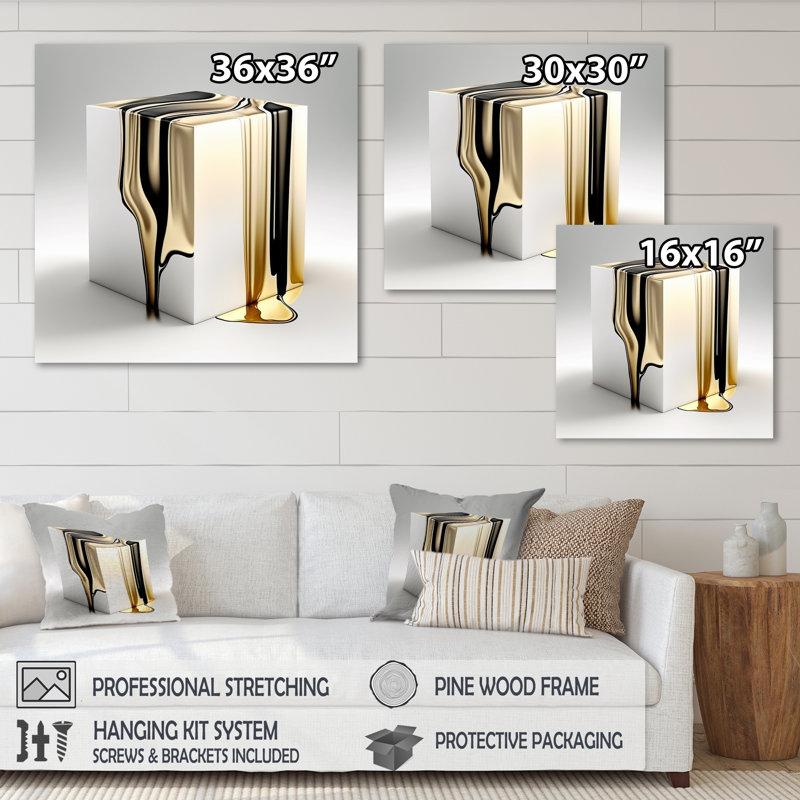 «Black and Gold Cubic Expression I» - Cubisme abstrait, impressions encadrées, H 16 po x l 16 po, Toile tendue, Sans cadre