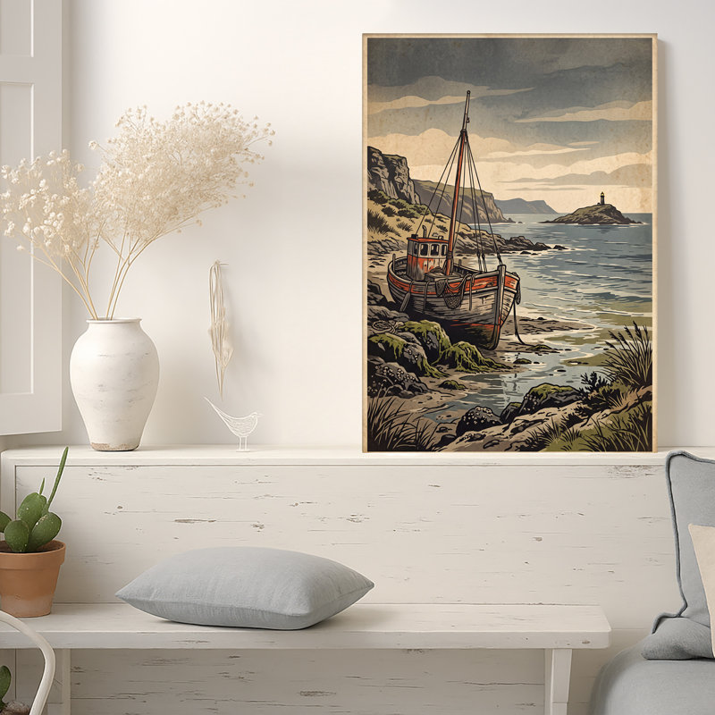 Art sur toile, bateau en bois orange gris sur une côte rocheuse près du phare, H 18 po x l 12 po