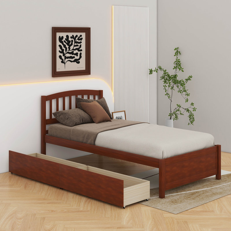 Twin Platform Storage Bed Wood Bed With 2 Drawers And Headboard, Walnut