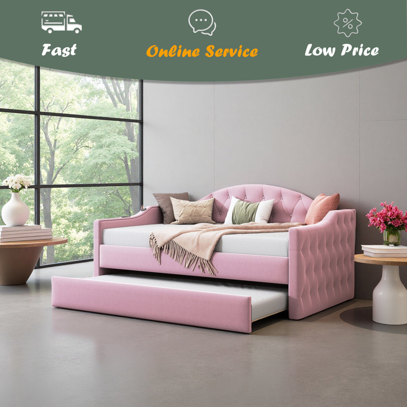Twin Size Tufted Upholstered Daybed With Trundle, Pink