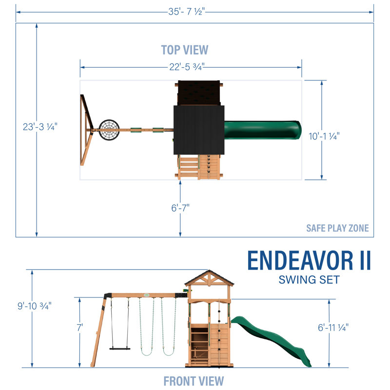 Endeavor II Cedar Wood Swing Set with Green Wave Slide