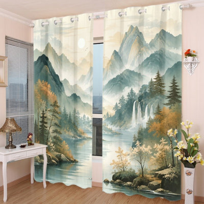 2 PCS rideaux occultant avec œillets, rideaux pittoresques avec paysage de rivière en cascade, isolation thermique, réduction du bruit, protection de la vie privée, traitement de fenêtre obscurcissant pour la chambre à coucher, cuisine, intérieur, décoration intérieure