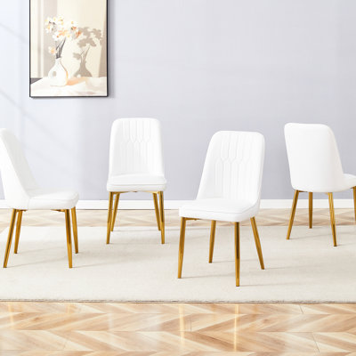 Chaises de salle à manger modernes (4 pièces), blanc avec des accents dorés, dossier en cuir PU, pieds en métal, rembourrage confortable, structure ergonomique, pieds glissants, ensemble de 4 chaises à assemblage rapide, et style,