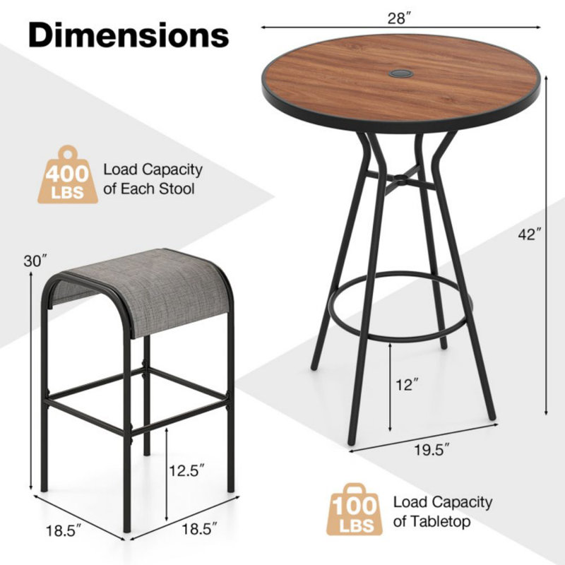 Ensemble de 3 tables de bar rondes pour l'extérieur avec trou pour parasol 1,6 pouces