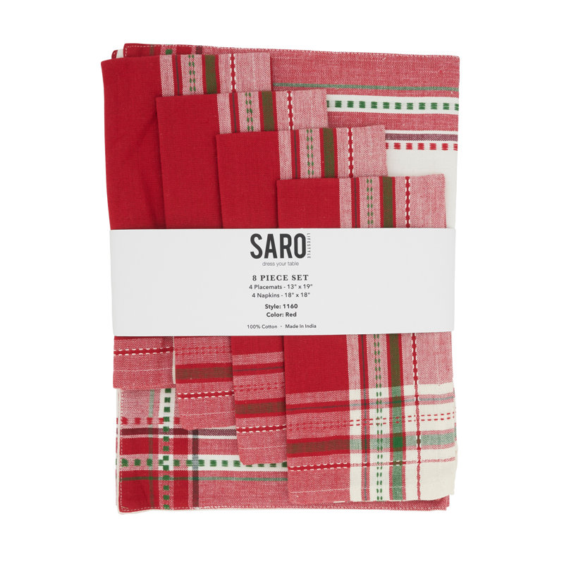 Holiday Red and Green Cotton Placemat and Napkin Set, 8-Piece
