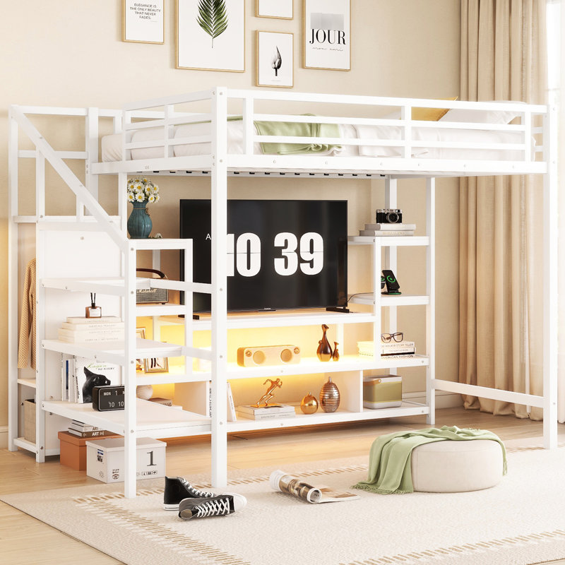 Metal Loft Bed With Tv Cabinet, Stairs & Wardrobe - White Classic Design Full Size Staircase, White