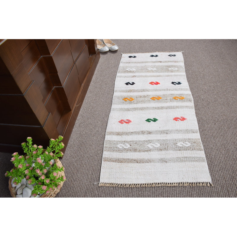 Tapis de porte rétro en chanvre turc: kilim blanc tissé à plat Oushak avec des motifs complexes