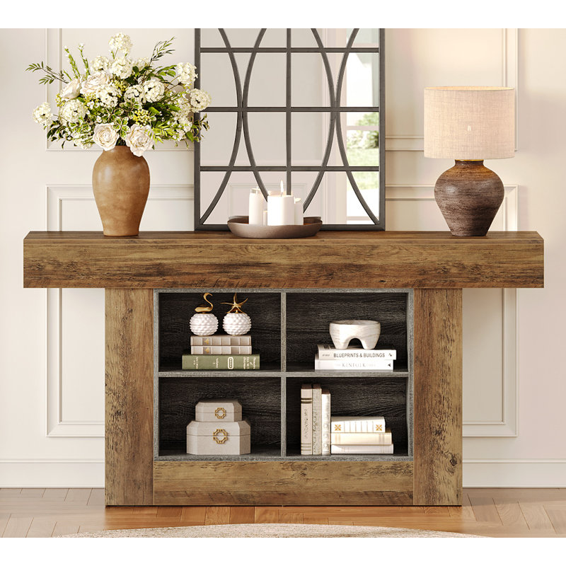 63" Long Console Table, Rustic Entryway Table With 4 Storage Cubes
