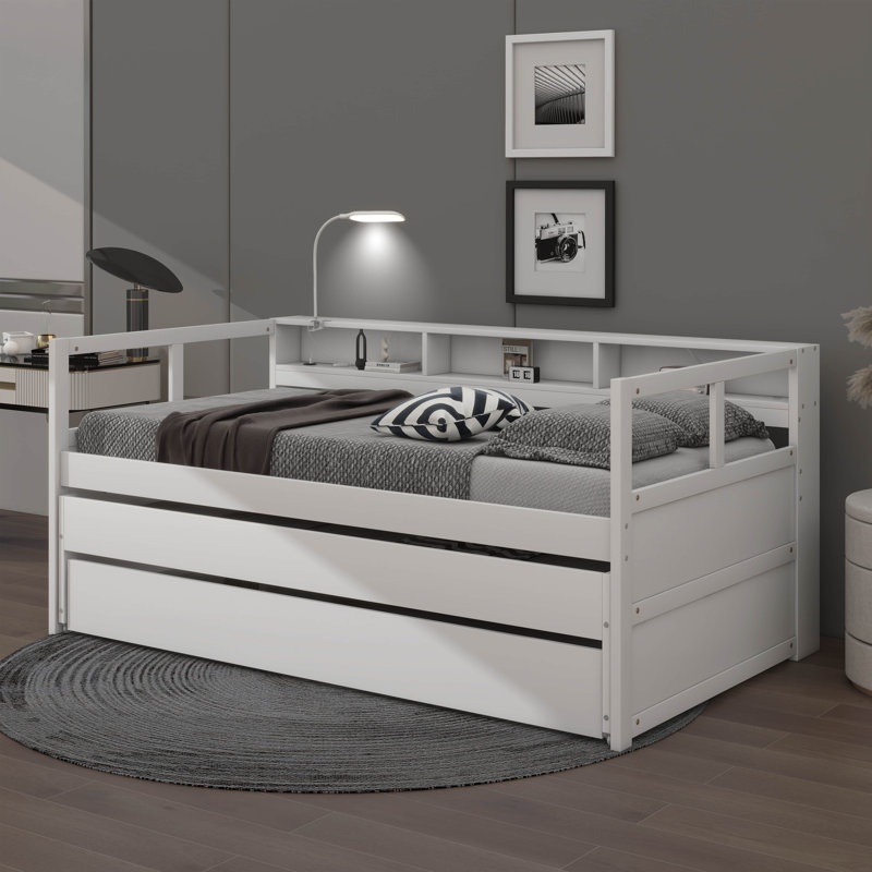 Lit de jour simple TG en bois avec 2 lits gigognes, 3 casiers de rangement et 1 lampe gratuite, Blanc