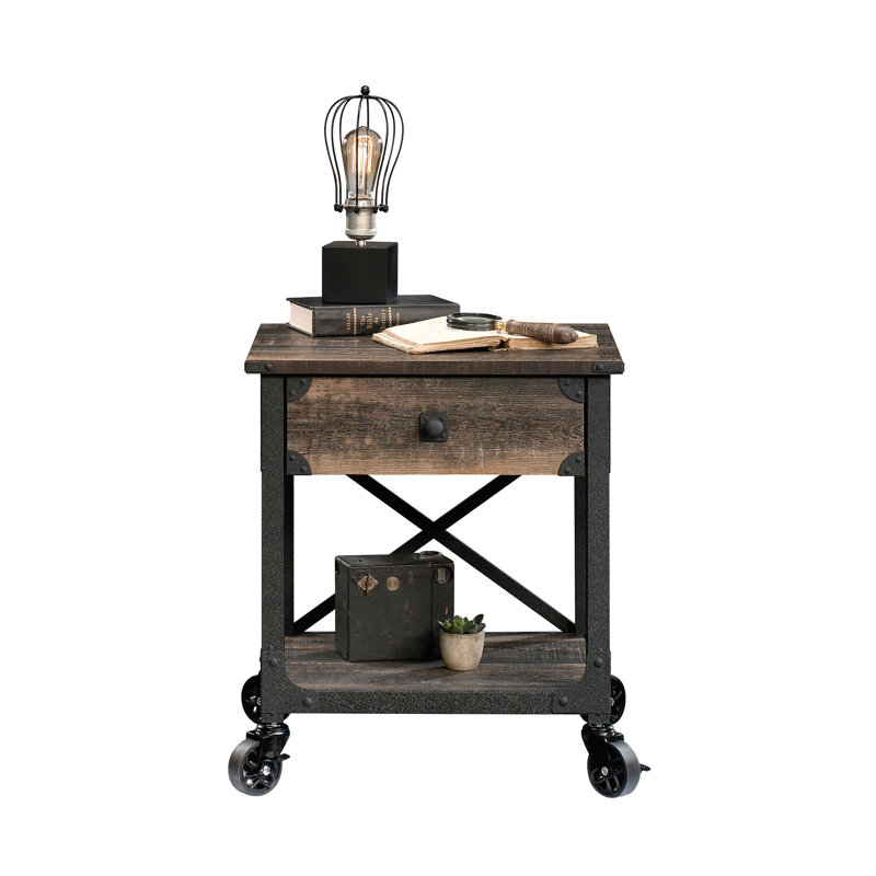 Table d'appoint industrielle en bois avec tiroirs coulissants et tablette ouverte, brun