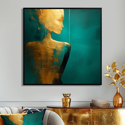 Turquoise Gold Woman Silhouette On Teal - Modern Woman Wall Art Living Room