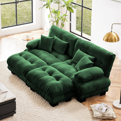 Cloud Couch Sleeper Sofa For Living Room, Chenille 2 Seater Sofa With 2 Lumbar Pillows And 2 Throw Pillows , Upholstered Wide Arm Sofa With 2 Ottomans,Chenille