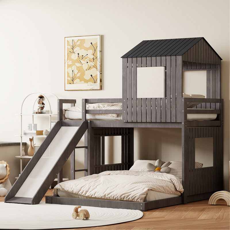 Lit en bois, lit mezzanine avec échelle, glissade et garde-corps, Gris antique