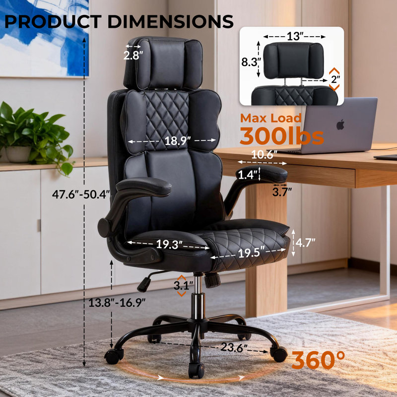 Ergonomic High Back Executive Leather Office Chair with Adjustable Headrest (Black), Black