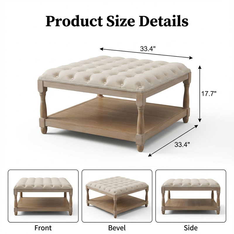 Grande table basse carrée avec repose-pieds et tablette de rangement