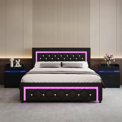 Structure de lit plateforme tapissier avec lumières DEL et ensemble de chambre à coucher avec tables de chevet à DEL assorties