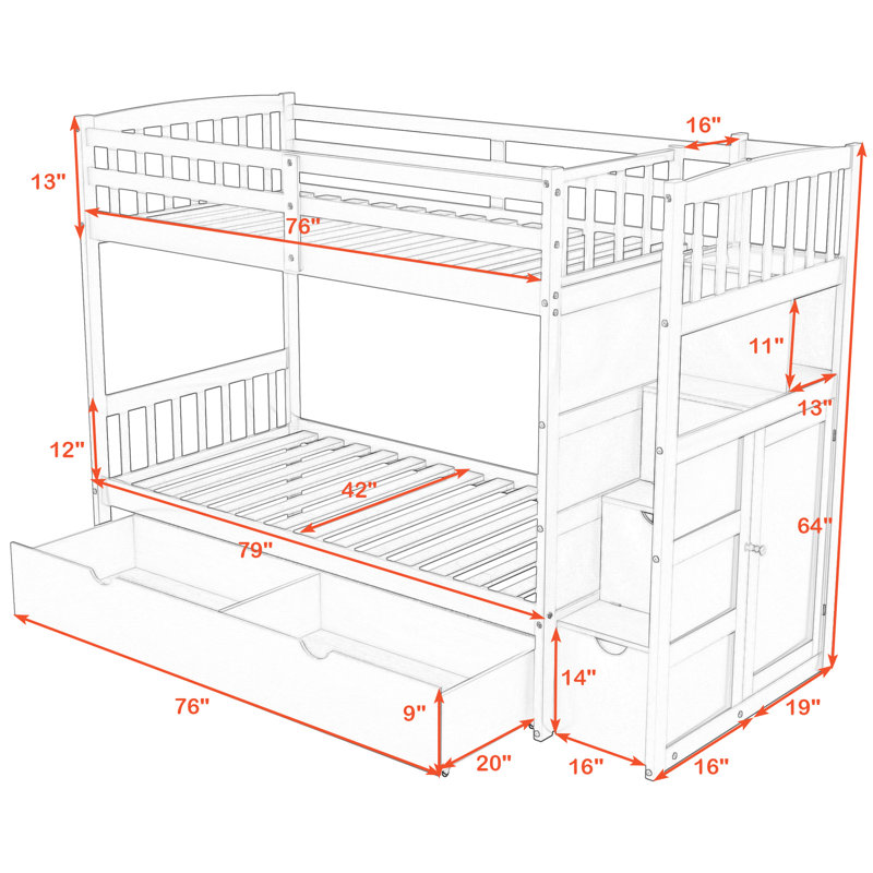 Ikher Twin Over Twin/Full 3 Drawers Wood Bunk Bed with Shelves by Harriet Bee, White