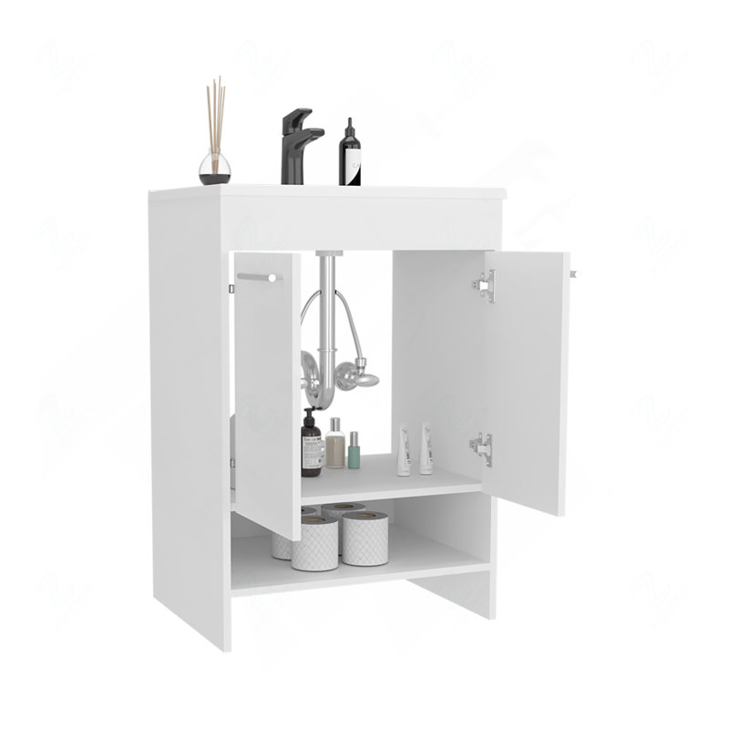 Meuble-lavabo avec quatre tiroirs et deux tablettes ouvertes, blanc