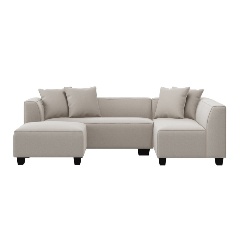 Canapé modulaire en L modulaire avec repose-pieds et coussins décoratifs gris avec pieds en plastique noir, Grey