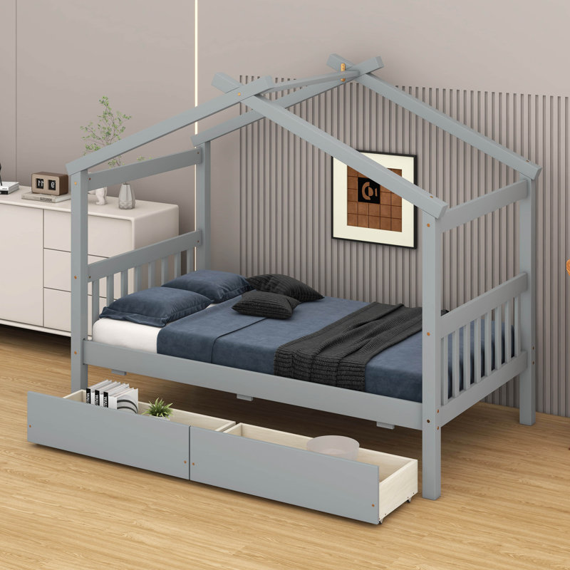 Lit simple en bois avec tiroirs de rangement, Gris, Lit simple