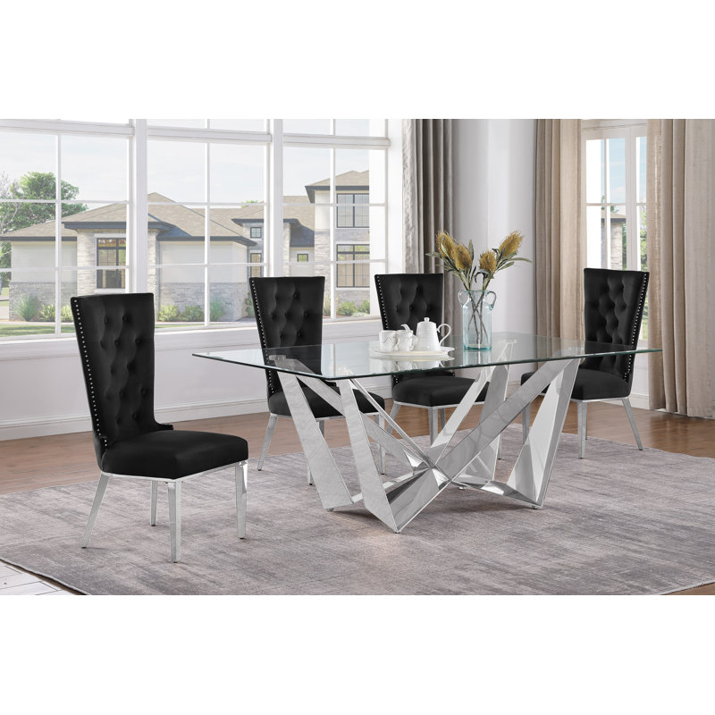 Lebanon Glass Top Trestle Dining Set, Black/Silver, 5