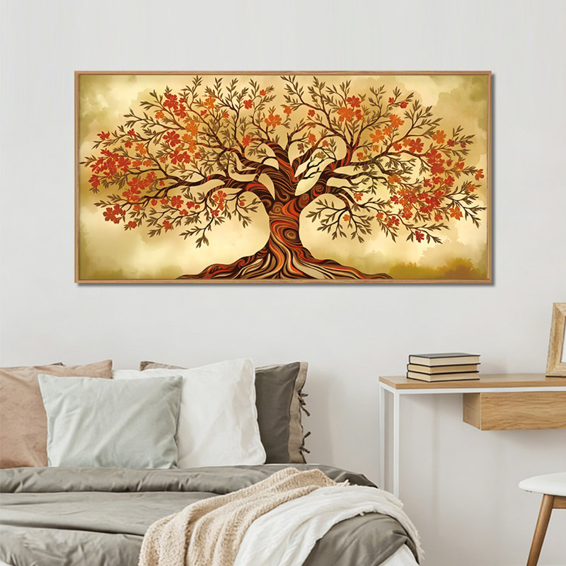 Large Vibrant Artistic Tree Of Life Canvas Wall Art, Boho Yellow Tree Landscape Wall Art Framed, Golden Tree Floral Home Decor For Living Room Dining Room Bedroom Office, 20"x40" Thoughtful Gift Ideas