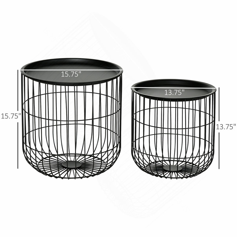 Tables basses gigognes, ensemble de 2 tables basses rondes avec panier en acier et plateau amovible, tables de bout empilables avec rangement pour le salon, noir