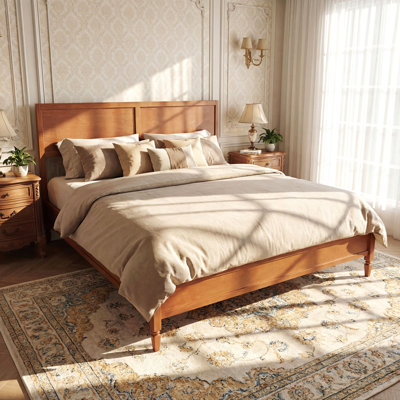 Structure de lit plateforme très grand en bois avec tête de lit à panneau classique, support de lattes en bois, aucun sommier requis, assemblage facile, brun