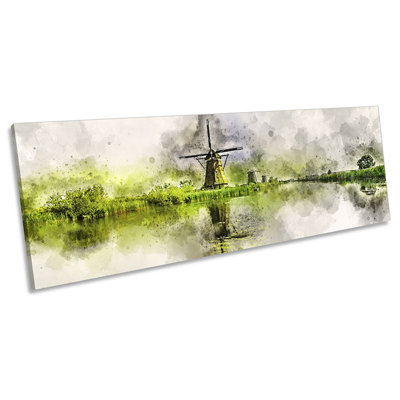 Dutch Windmills Abstract Panoramic - Wrapped Canvas Painting