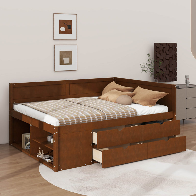 Full Size Daybed With Drawers And Shelves, Walnut, Full