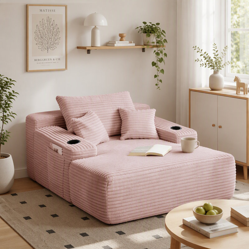 Chaise longue convertible en peluche rose | Canapé-lit sans dossier avec grands accoudoirs | Coussins décoratifs avec porte-gobelet | Aucun assemblage requis pour le salon ou la chambre
