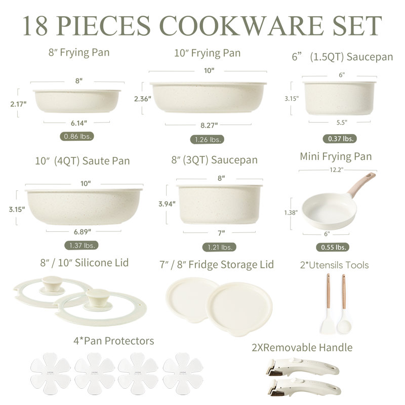 CAROTE 18-Piece Nonstick Cookware Set with Detachable Handle, White
