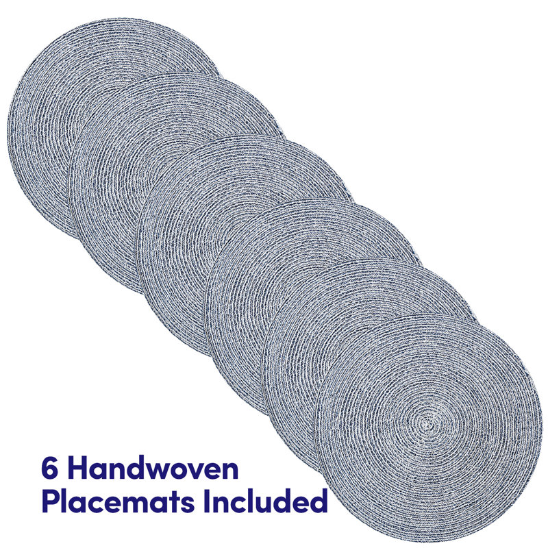 6-pack, Two Tone Cotton 15" Round Woven Placemat Sets, Navy