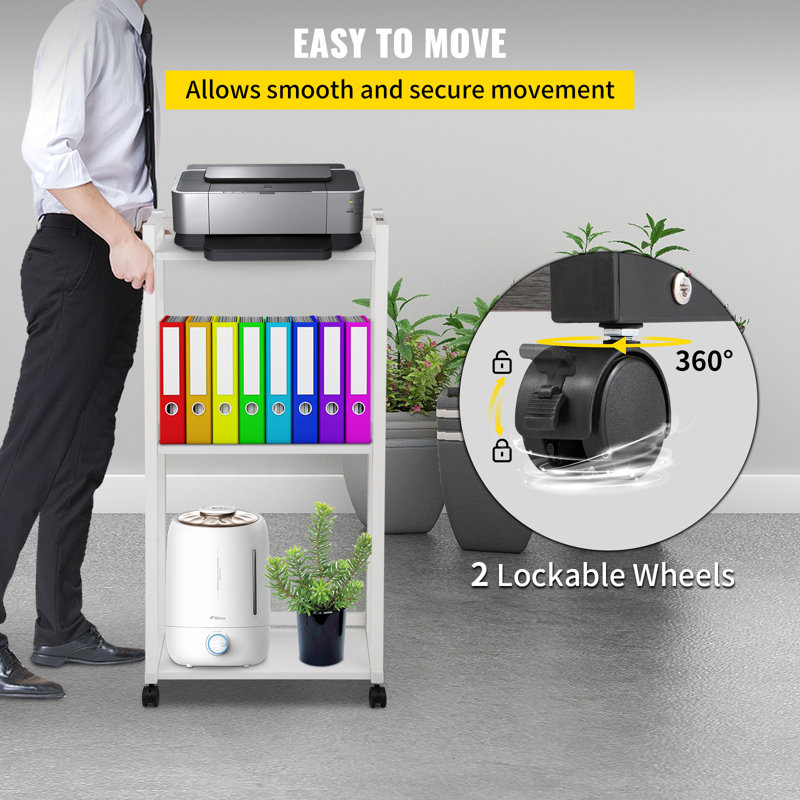 White 3-Tier Rolling Printer Cart with Adjustable Shelves