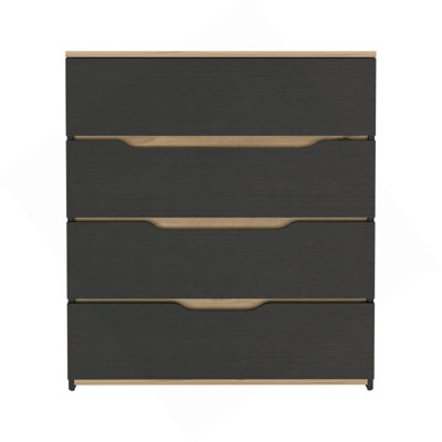 Commode à tiroir H 35 po, quatre tiroirs, plateau supérieur, noir / chêne clair