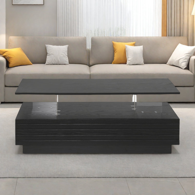 Modern Rectangular Coffee Table With Led Lights, 2 Drawers And Open Storage Shelf, Black