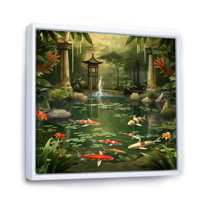 Bamboo and Koi Pond Showcase I - Art mural en bambou, H 24 po x l 24 po x P 1 po, Cadre flottant blanc