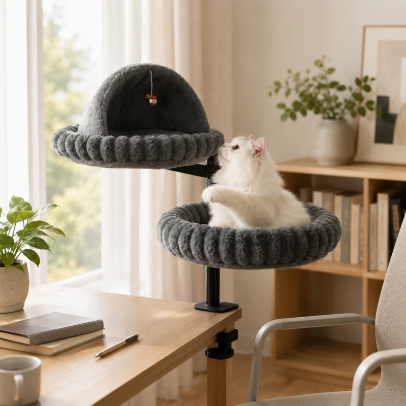 Adjustable Rotating Cat Tree with Elevated Platform, Compact Desktop Cat Bed and Climbing Perch