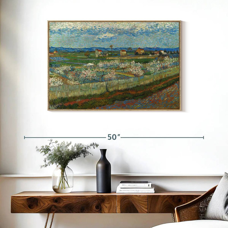 Pêcher en fleur, 37 po x 25 po, Cadre flottant en bois naturel