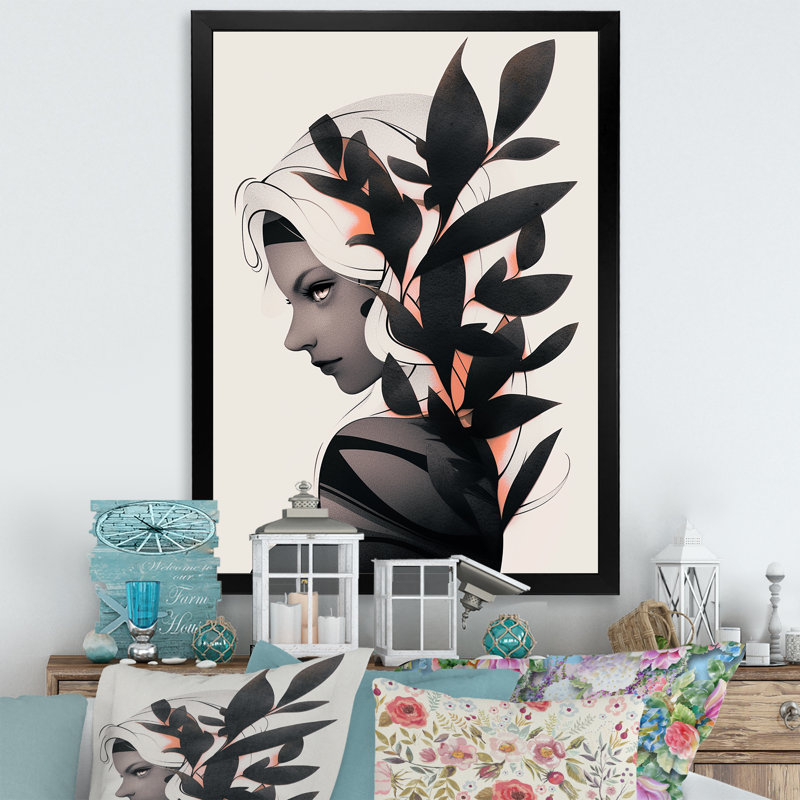 Animations, portrait de femme tropicale II - Art mural, H 20 po x l 12 po x P 1 po, Cadre simple noir