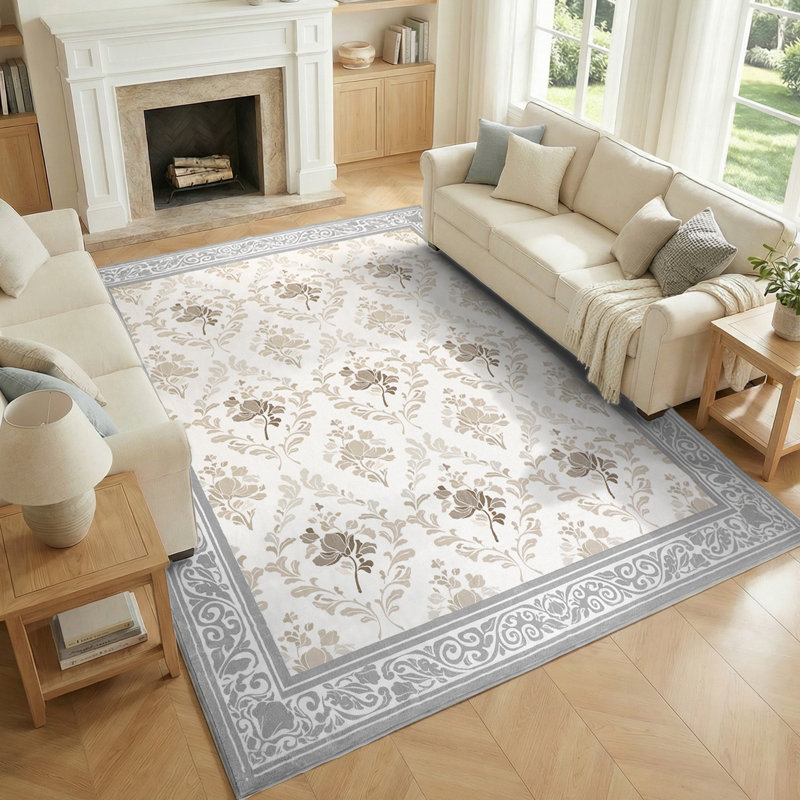 Tapis intérieur antidérapant 8 pi x 10 pi avec motif floral lavable à la machine, taupe, Taupe, Rectangulaire 8 pi x 10 pi