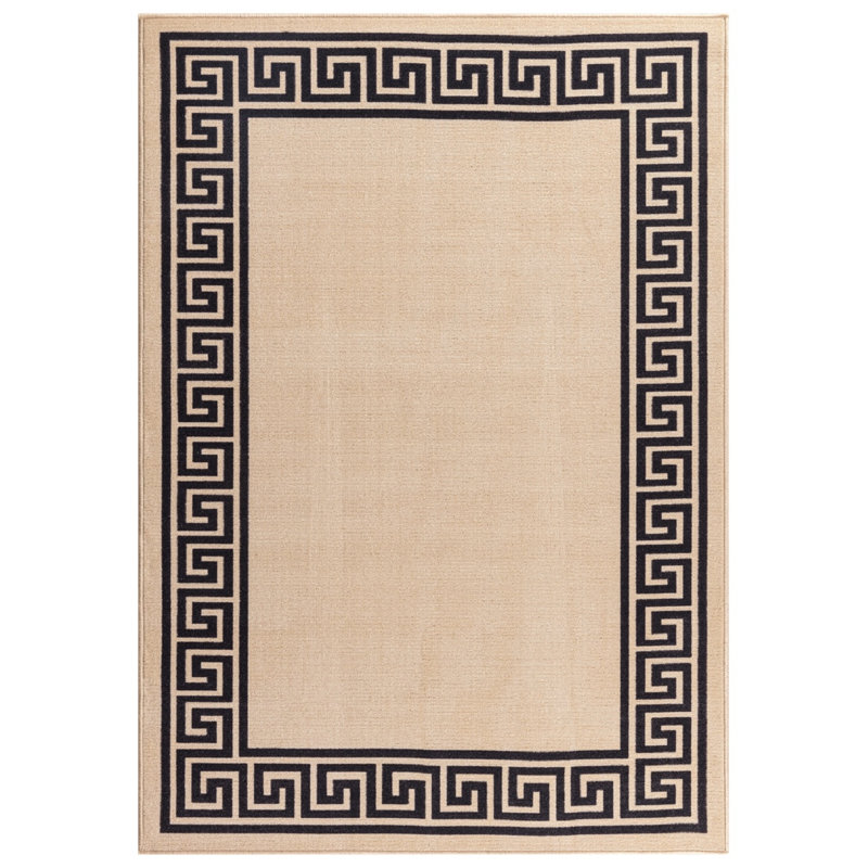 Greek-Key Beige Black Non-Slip Polypropylene Area Rug — Washable Door Mat & Hallway Runner for Living Room, Kitchen & Bedroom