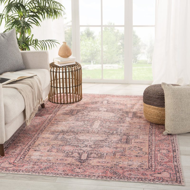 Machine Washable Carlita Oriental Pink Area Rug, Rectangle 2'6" x 7'6"